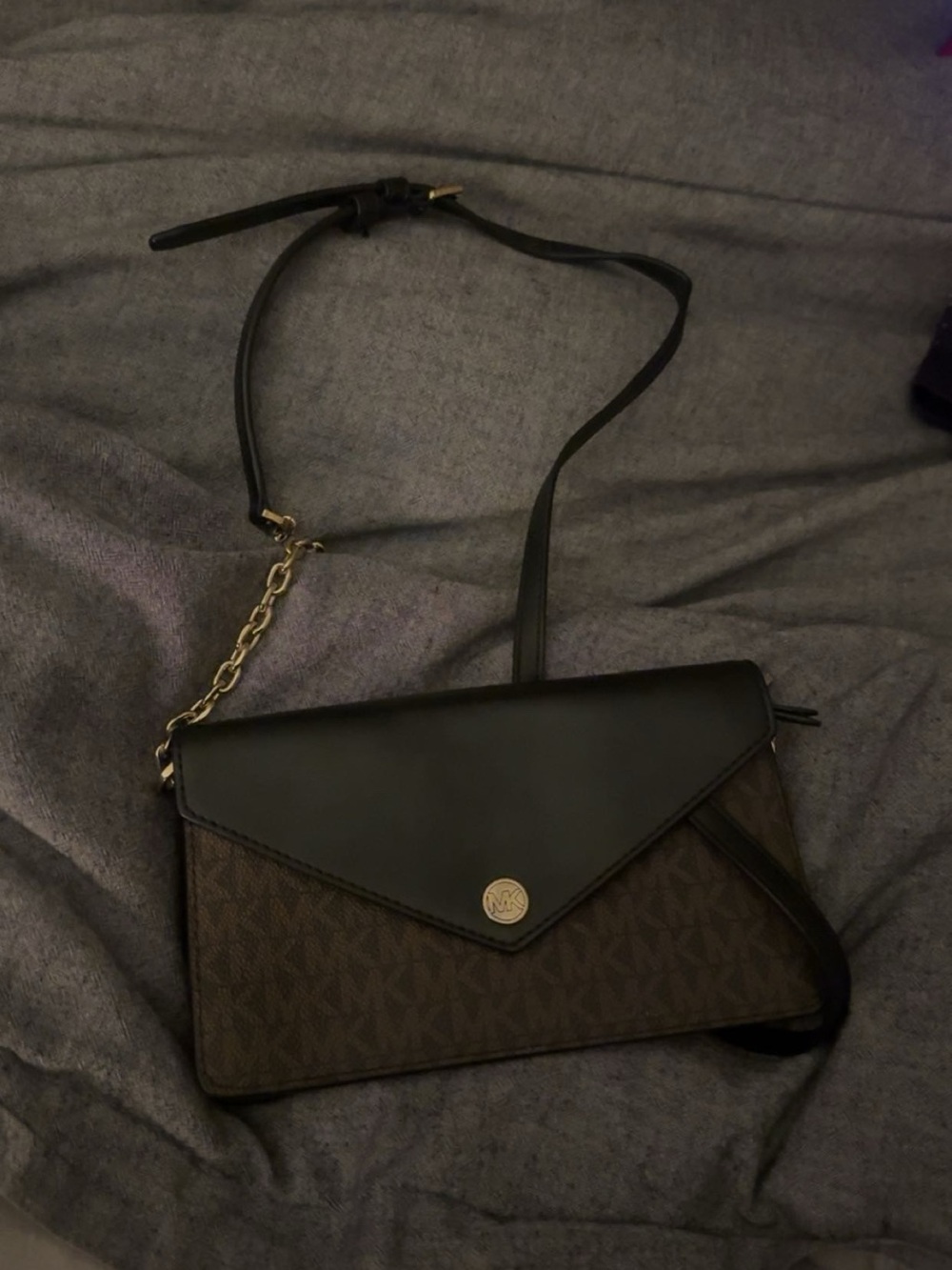 Michael Kors Black Leather Flap Brown Logo Crossbody Bag
